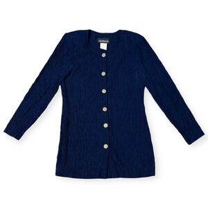 Vintage Champagne West Womens Sz-8 Navy Plissé Textured Gold Button Front  Top